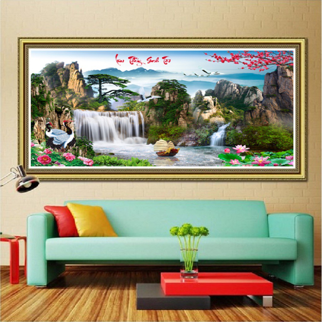 Tranh thêu phong cảnh lưu thủy sinh tài KT:115x62cm,Tranh chưa thêu.Tặng kéo và xỏ chỉ.