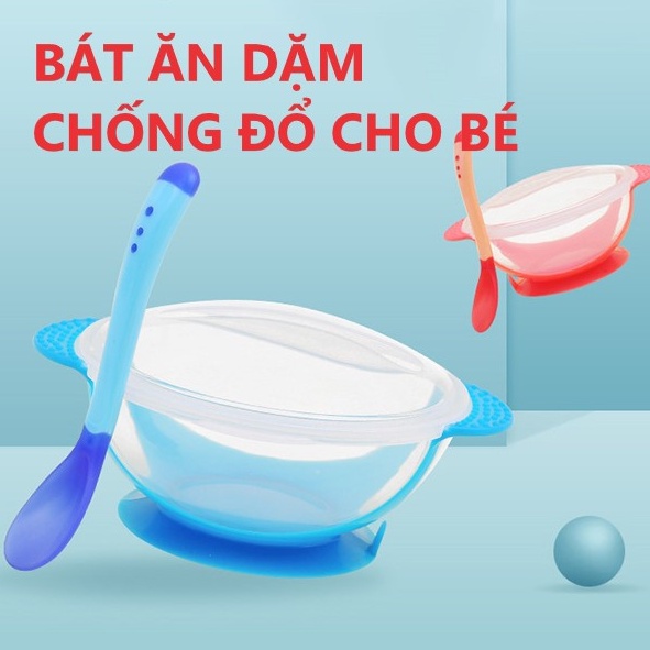 Bát ăn dặm cho bé chống đổ thìa cảm biến nhiệt độ kiểu dáng dễ thương tiện lợi an toàn, bộ bát ăn chống rơi cho trẻ