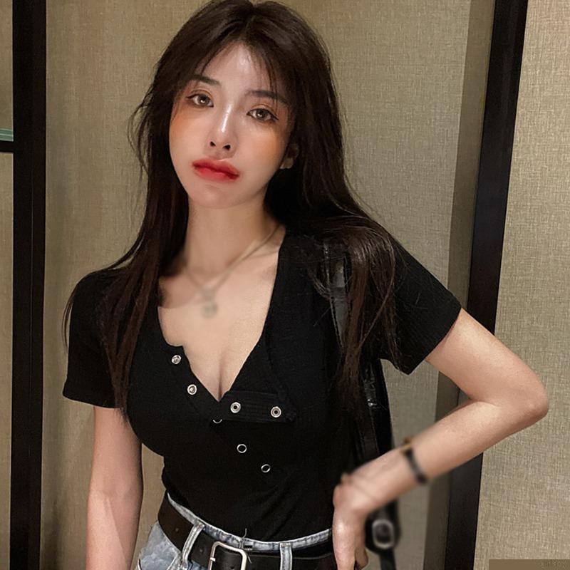 Áo thun croptop tay ngắn màu sắc đơn giản phong cách Hàn Quốc cho nữ