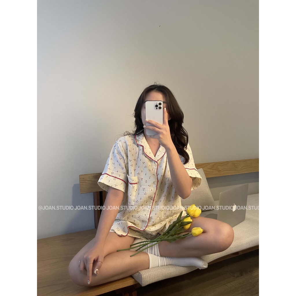 Đồ Ngủ Nữ ngắn tay và dài tay - Đồ Mặc Ở Nhà chất liệu Xô Muslin HOA NHÍ CHERRY cao cấp