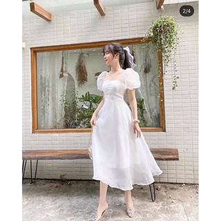 Đầm xòe tay phồng phối nút ngực chất tơ xinh cực Dari dress