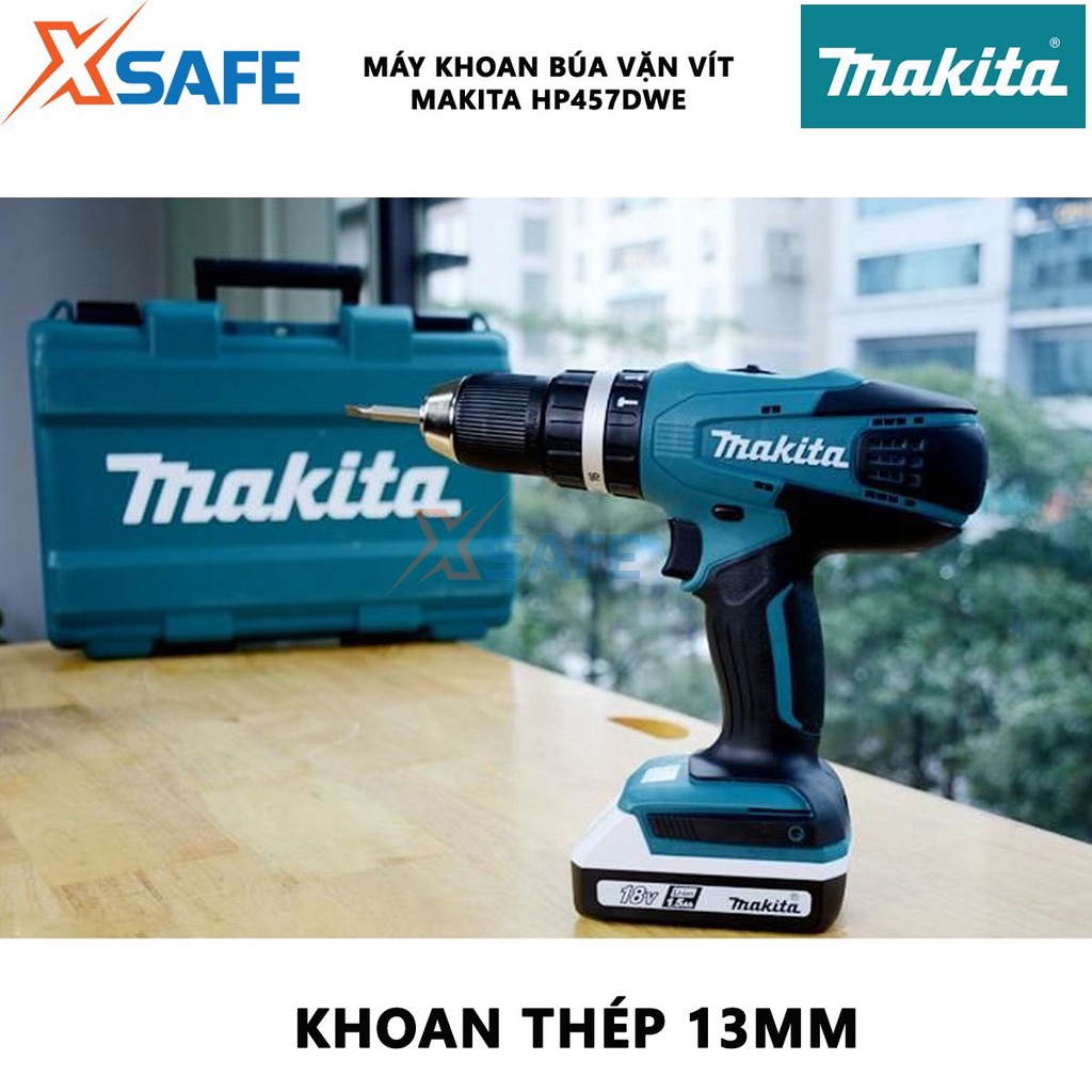 Máy khoan pin MAKITA HP457DWE 18V Máy khoan búa dùng pin chức năng đảo chiều tiện lợi, dùng khoan thép, gỗ - [XSAFE]