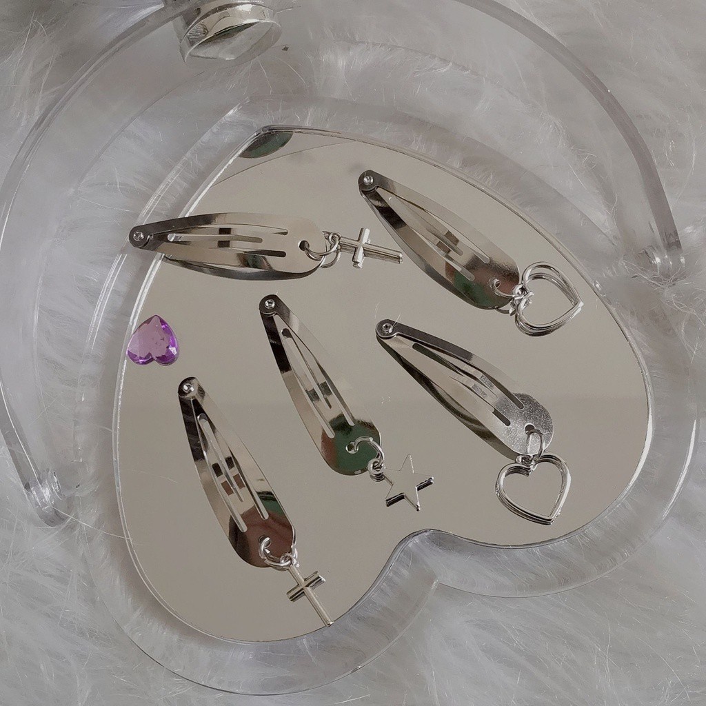 Kẹp Tóc Kim Loại Màu Bạc Mặt Chữ Thập / Trái Tim Xinh Xắn