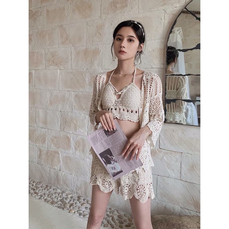 Set biển mới - set 3 món - áo bra dây chéo ngực sexy + quần ren + choàng ren zic zắc (có tách rời)