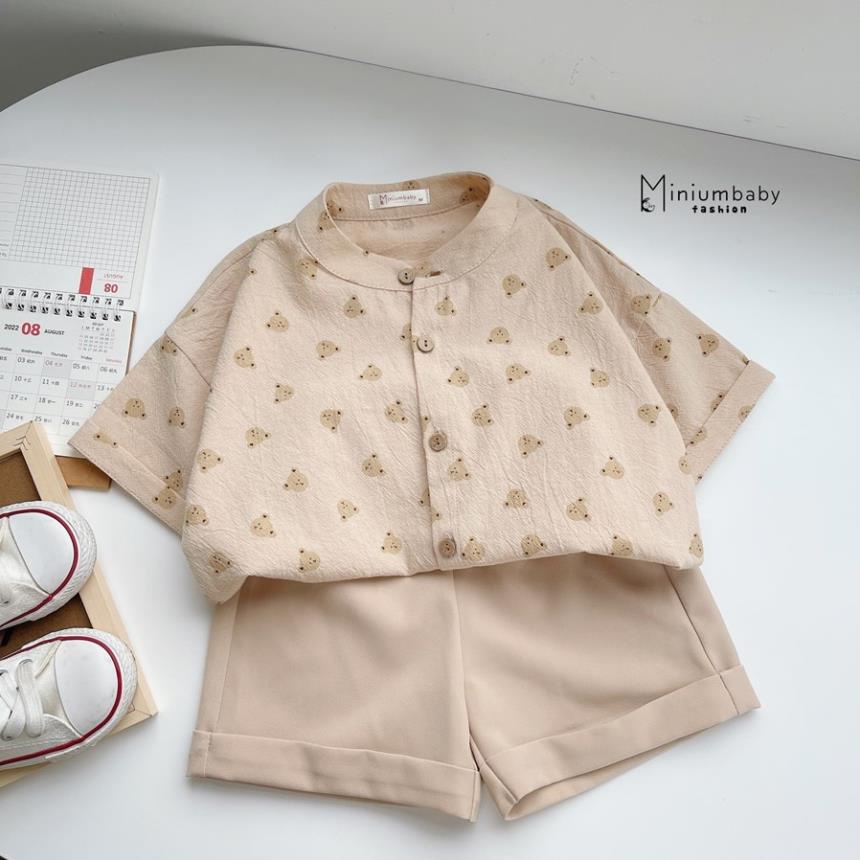 Áo sơ mi thô boi cộc tay mùa hè cho bé trai họa tiết hổ, gấu MiniumBaby-A1215
