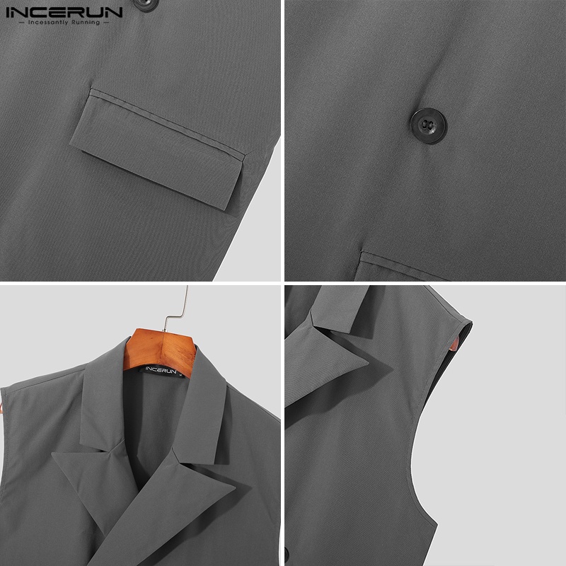 Áo khoác ghi lê INCERUN dáng rộng màu trơn cài hai hàng khuy thời trang trẻ trung dành cho nam