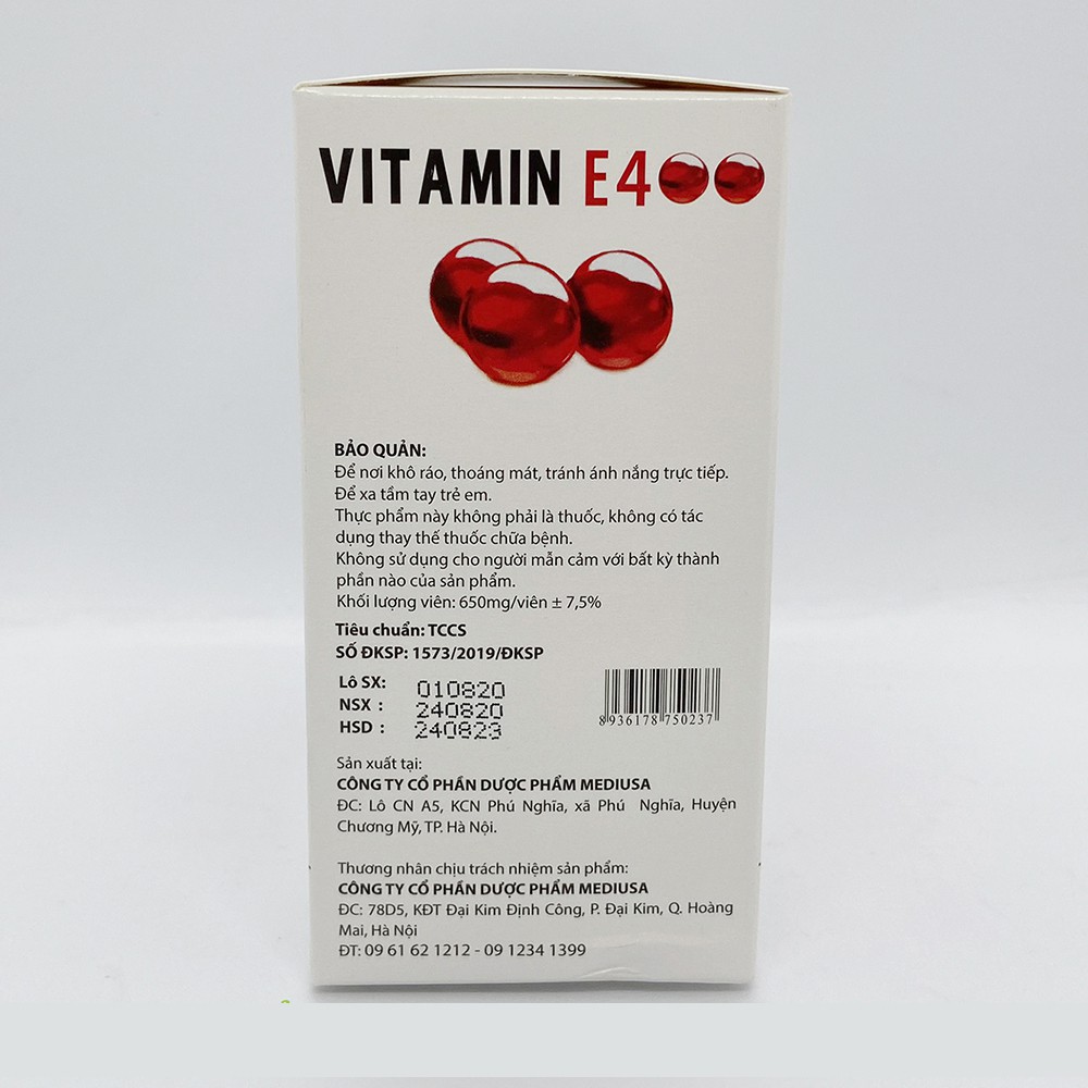 Viên Uống đẹp da Vitamin E Đỏ  4000mcg, Aloe vera 500mg chống lão hóa - Hộp 100 viên