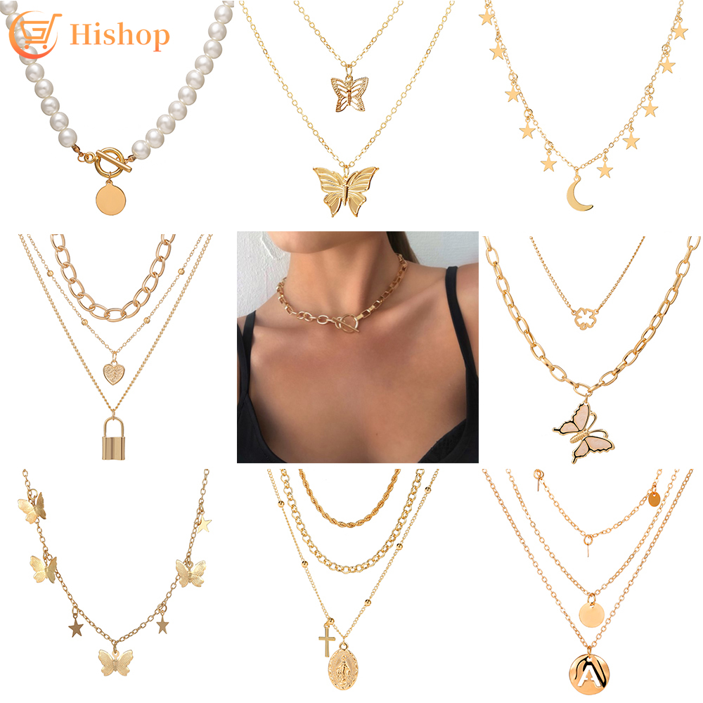 BUTTERFLY vòng cổ Kim Loại Nhiều Lớp Đính Hạt Ngọc Trai