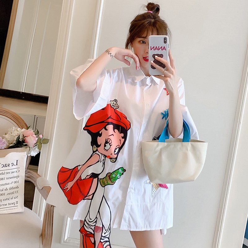 Áo sơ mi trắng tay lỡ có nút cài form rộng cô gái hoạt hình ulzzang có big size