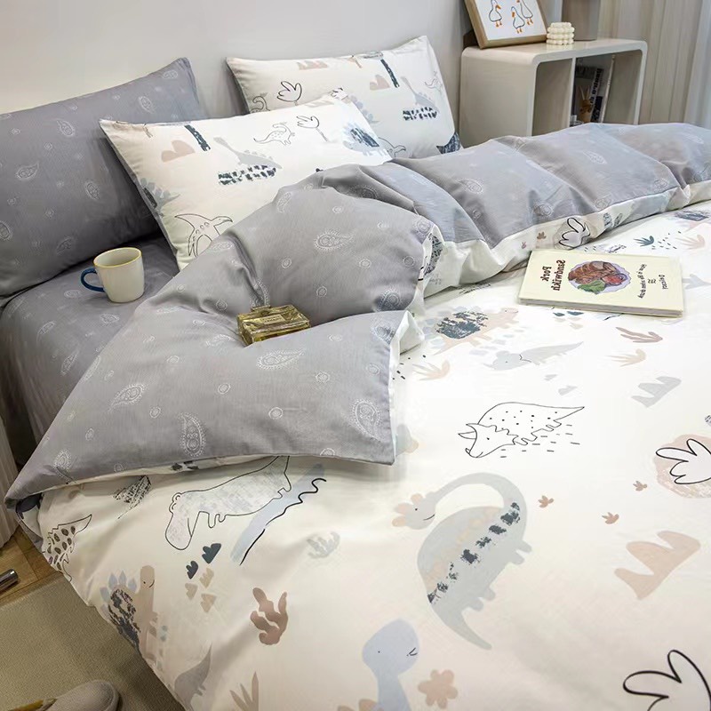 Bộ chăn ga gối cotton organic Khủng long trắng Dreamhome