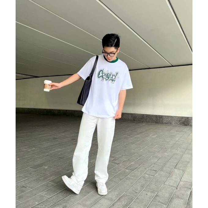 Áo thun tay lỡ nam nữ,thiết kế cổ xanh in hình Cowgirl