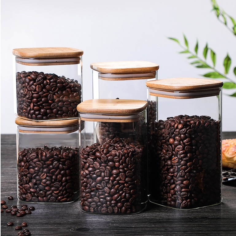 Hũ Đựng Thực Phẩm Nắp Tre Có Doăng Chống Côn Trùng | Lọ thủy tinh vuông đựng gia vị có nắp cao cấp