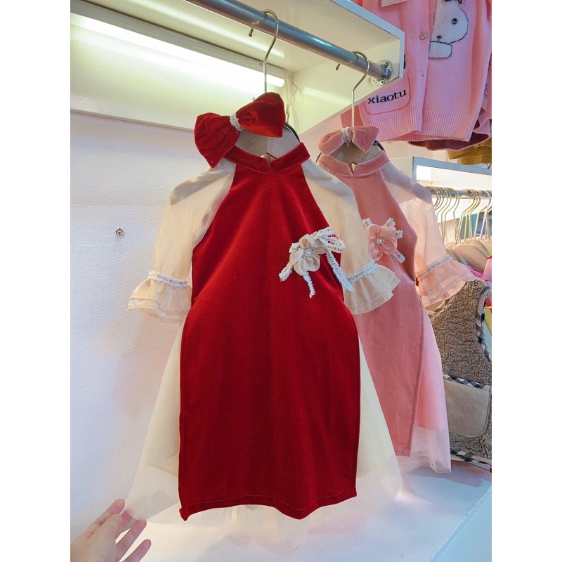 Áo dài nhung 2 màu hồng đỏ dành cho nữ