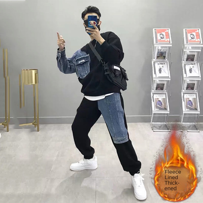 Bộ quần áo denim cổ tròn dáng rộng thiết kế mới thời trang mùa thu đông theo phong cách hàn quốc dành cho nam