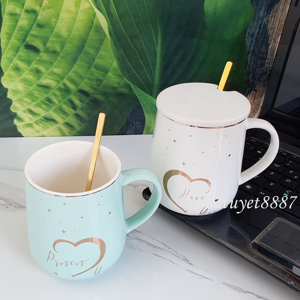 Ly cốc sứ đôi hình trái tim có nắp và thìa dung tích 420ml