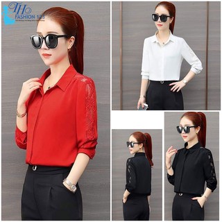 Áo sơ mi nữ tay lỡ nữ Phối Ren màu đỏ màu đen và màu trắng