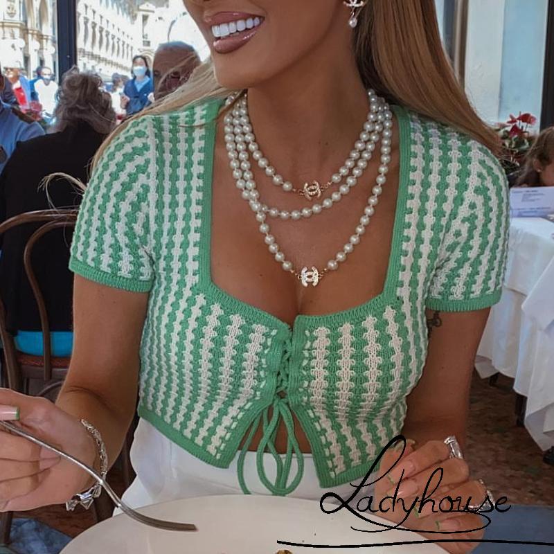 Áo Dệt Kim Tay Ngắn Cổ Vuông In Họa Tiết Kẻ Sọc Có Dây Điều Chỉnh Được Thời Trang Mùa Hè Cho Nữ