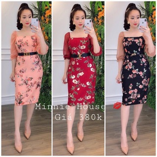 Đầm body phối tay voankèm mút