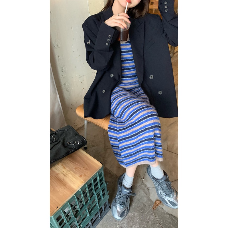 Đầm Dệt Kim Hai Dây Cổ Chữ v Dáng Ôm Họa Tiết Kẻ Sọc Thời Trang Hàn Quốc Dành Cho Bạn Nữ