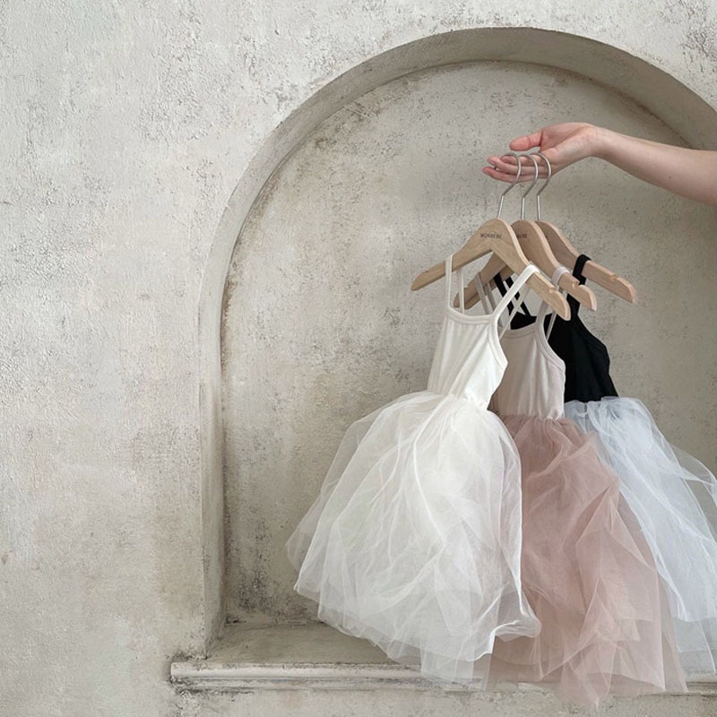 Đầm Công Chúa Một Mảnh Phối Lưới Một Mảnh Màu Trơn Phong Cách Hàn Quốc Thời Trang Mùa Hè Cho Bé Gái JGE2