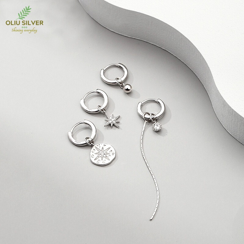 Bông Tai Bạc S925 Punk Bất Đối Xứng Nhiều Lỗ Xỏ Trẻ Trung Cá Tính | Khuyên Tai Nữ Trang Sức Bạc Thời Trang