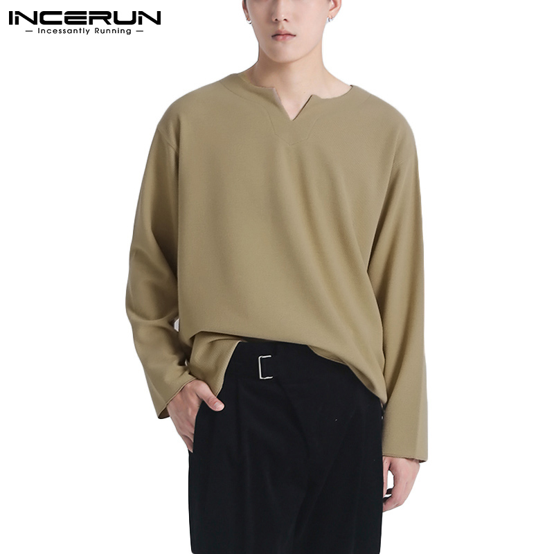 Áo Nam INCERUN Dáng Rộng Màu Trơn Tay Dài Cổ Chữ V Thời Trang Đơn Giản