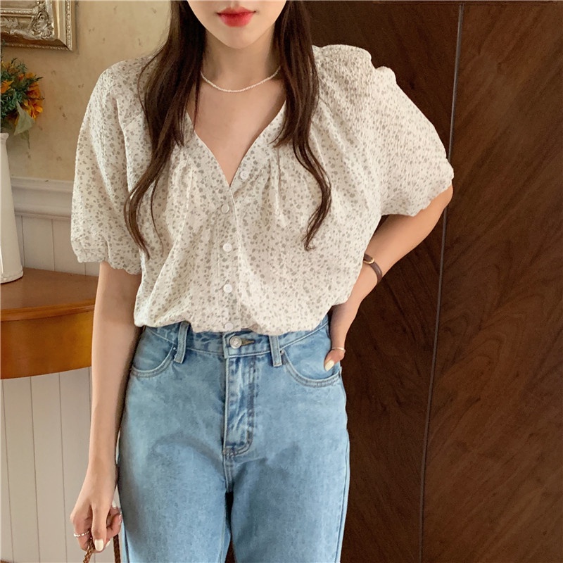 Áo Sơ Mi Tay Rộng In Hoa Phong Cách Hàn Quốc Thiết Kế Mới 44809