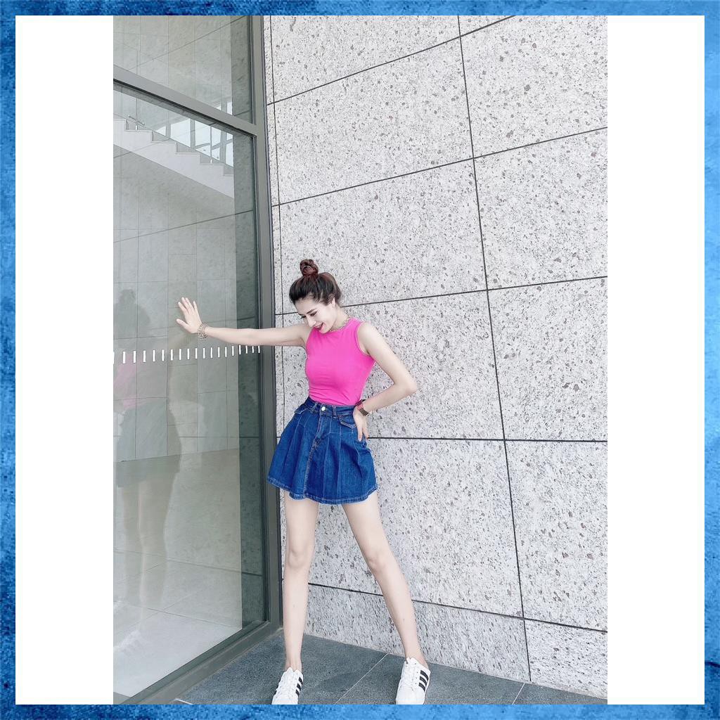 Quần váy jeans, quần bò giả váy dáng xòe, lưng cao túi nắp 1 khuy điệu đà sang chảnh V2115