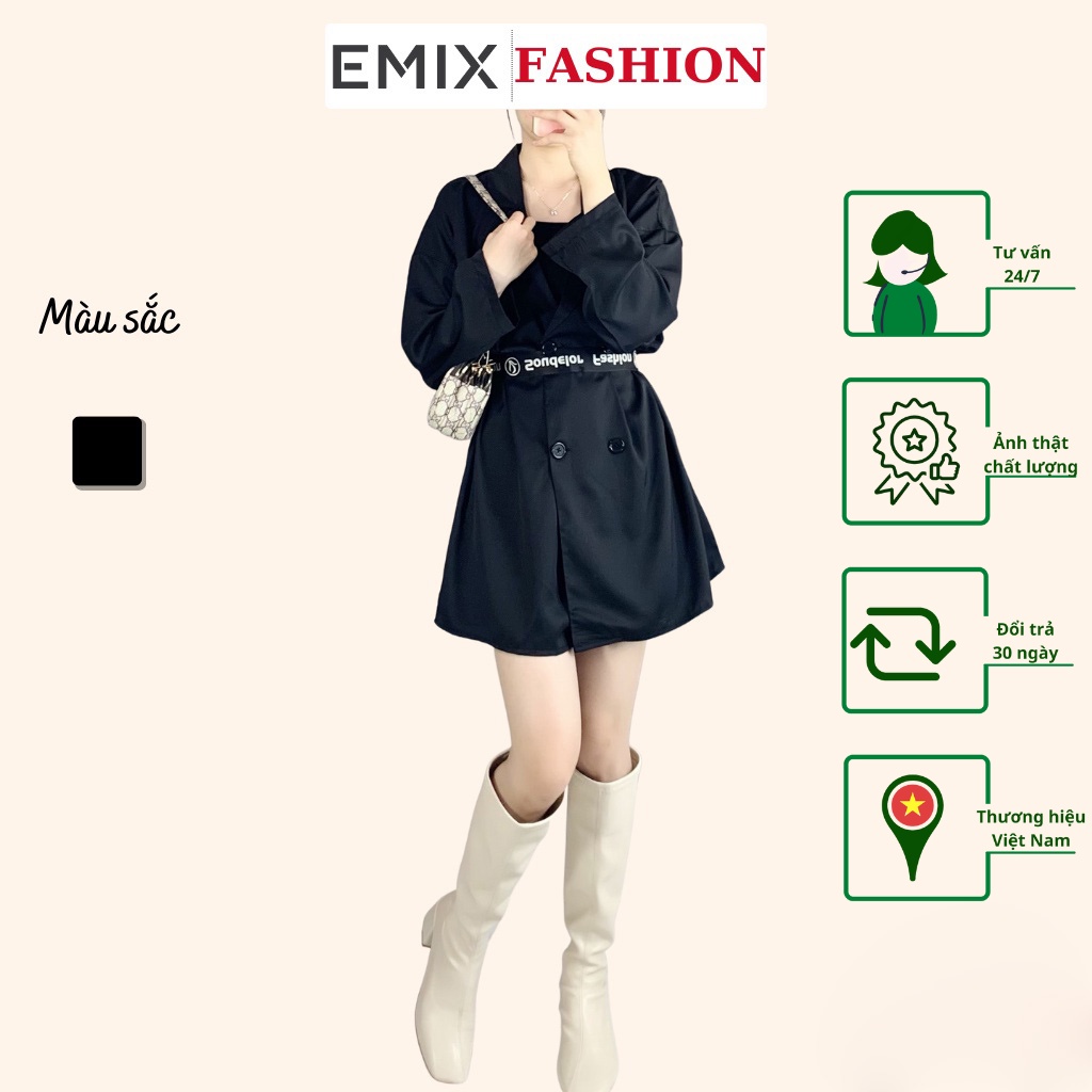 Áo khoác blazer công sở cổ vest EMIX (màu đen), dáng dài, form rộng, dài tay, 4 cúc, vải trượt hàn mềm nhẹ, không bai xù