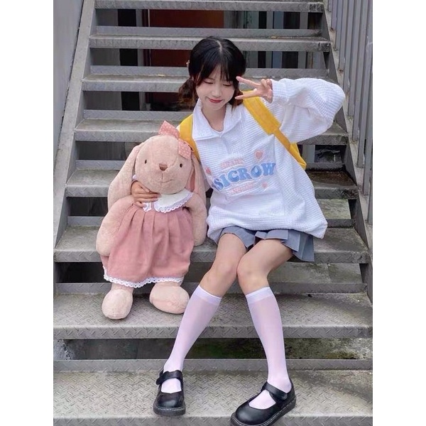 Áo Sweater Khoá Kéo Cổ Polo vải vuông nổi thêu chữ cute Xanh/Trắng