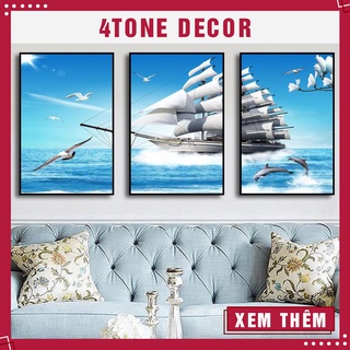 Bộ 3 tranh tráng gương thuyền buồm kích thước 50x70x3 bức, tranh tranh trí phòng khách, cầu thang