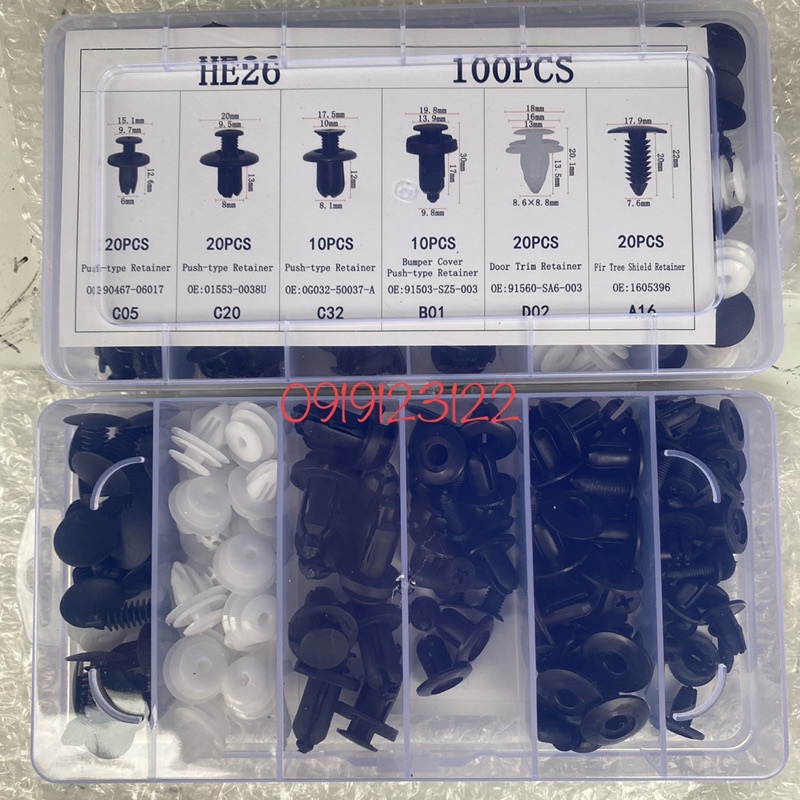 Bộ 100 Chốt Vít Vặn Các Bộ Phận Trên Xe Hơi Chất Liệu Nhựa Kèm Hộp Đựng