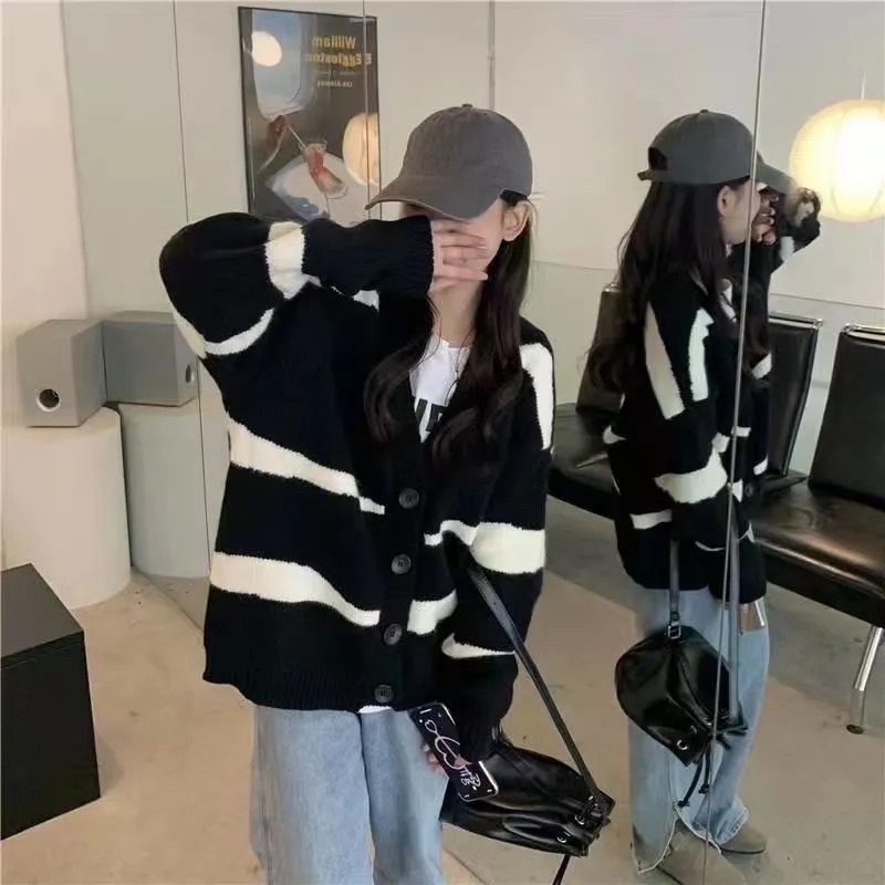 Áo Cardigan Nữ Màu Đen Xanh Kẻ Ngang Vằn To Dài Tay Cài Cúc, Áo Khoác Ngoài Thu Đông Dài Tay Loại 1 Hàn Quốc Đủ Size
