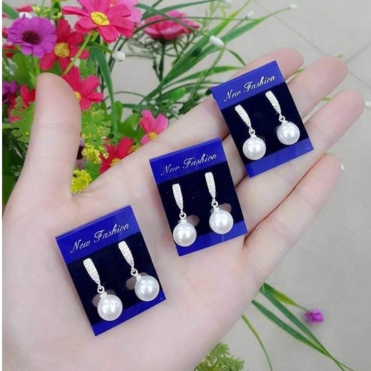 Bông tai bạc bông viền đá treo Ngọc trai nhân tạo Van Jewelry V10605