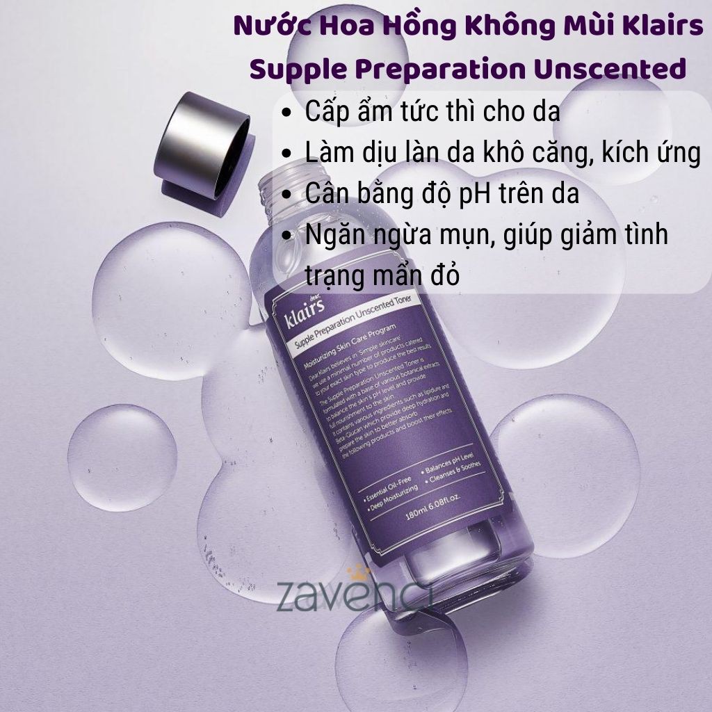 Nước hoa hồng KLAIRS Supple Preparation Facial Toner dưỡng ẩm 180ml - ZAVENCI Official