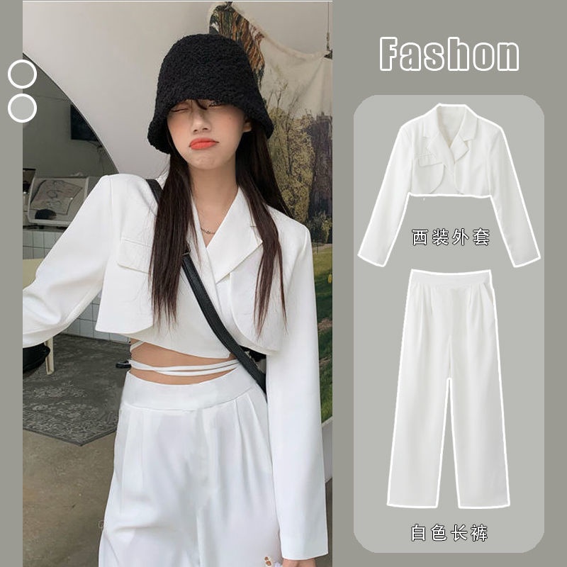 Áo khoác dáng ngắn/quần dài ống rộng lưng cao thời trang mùa thu 2021 cho nữ