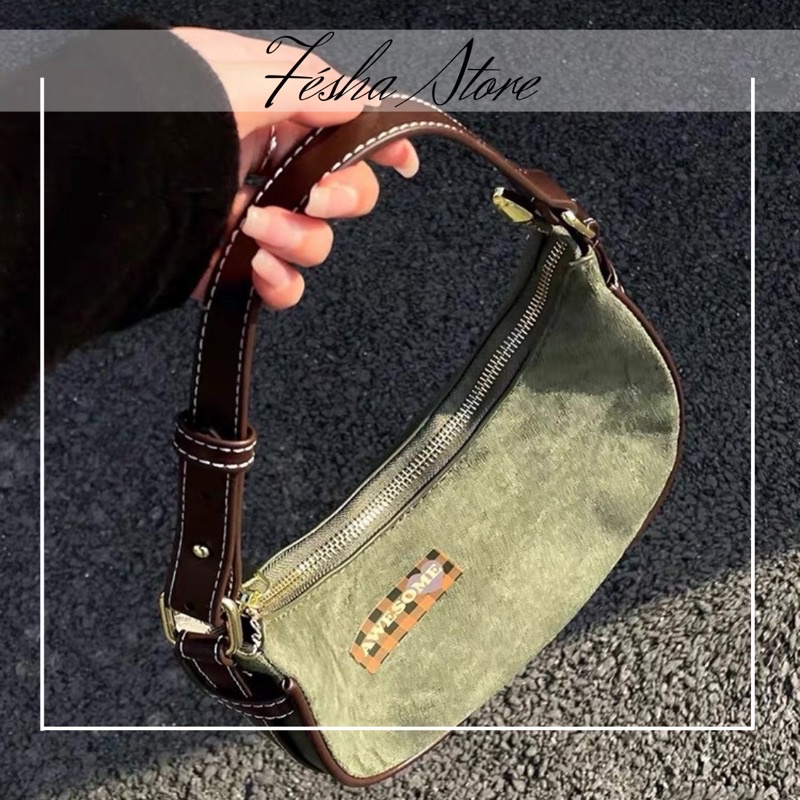Túi kẹp nách xanh olive trầm phối quai da Vintage_TX13