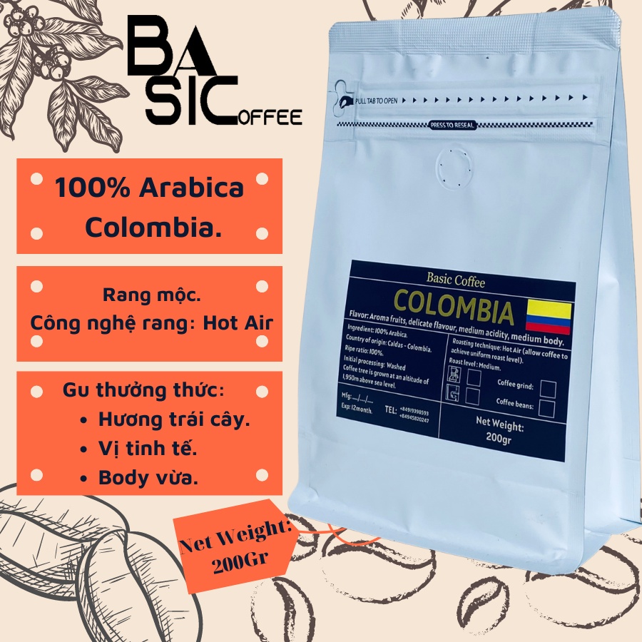 Cà Phê Hạt Colombia Caldas Cafe Arabica Nhập Khẩu Basic Coffee Gói 200gr