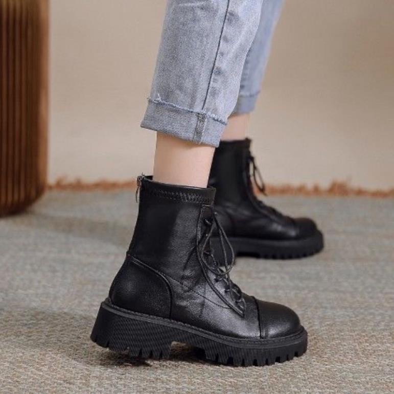 Giày Bốt Boot Da Cổ Thấp Nữ Cổ Ngắn Da Lì Trơn Gót Vuông Cao Hàng Quảng Châu Thời Trang Hàn Quốc Chali G003 .