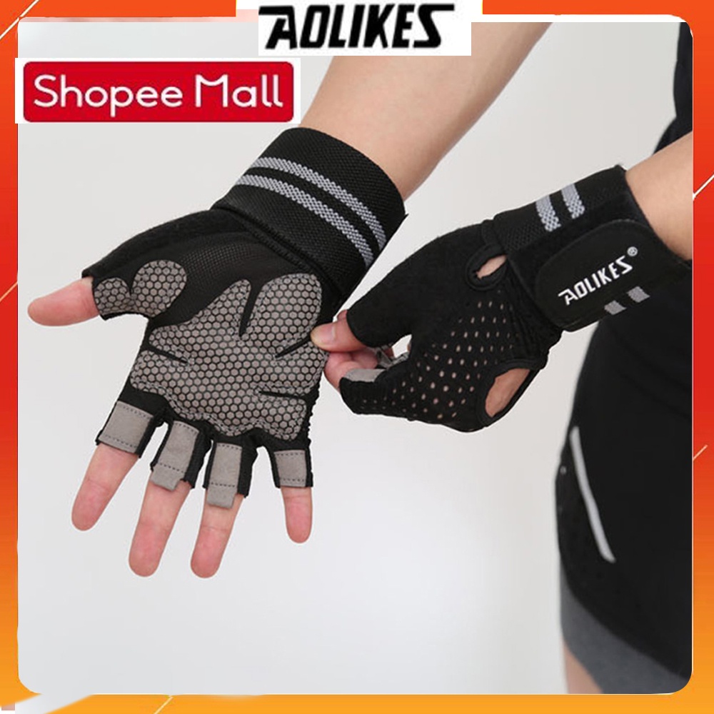 Găng Tay Tập Gym Nửa Ngón, Tập Tạ Tích Hợp Quấn Cổ Tay Aolikes AL113B (1 đôi) - Chính Hãng