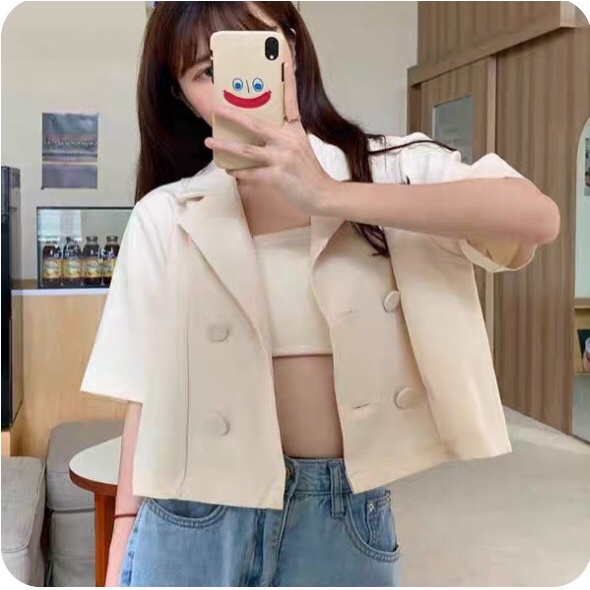 (Tặng Áo Quây) Áo Khoác Blazer Tay Ngắn Thời Trang Thanh Lịch Cho Nữ - Áo Khoác Vest Nữ Blazer Croptop 3 Màu