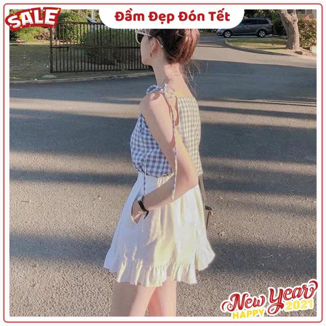 Set chân váy trắng hai lớp áo hai dây sọc caro dây áo tự cột tự điều chỉnh có dây khoá kéo ( kèm ảnh trải sàn ) | BigBuy360 - bigbuy360.vn