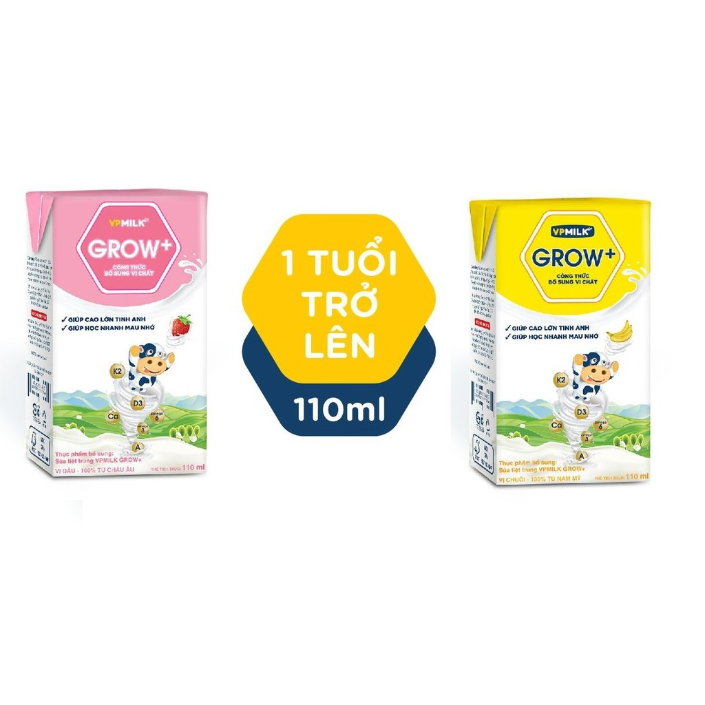 Sữa Tiệt Trùng VPMilk Grow+ Vị Dâu, Vị Chuối - Sữa Tươi Có Đường Hộp Giấy Uống Liền 110ml