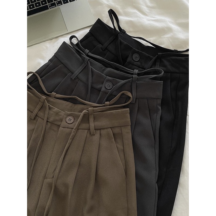 🌿 Quần dài ống rộng cạp nút có dây vải thắt lưng chất kaki cotton dày ulzzang 🔥