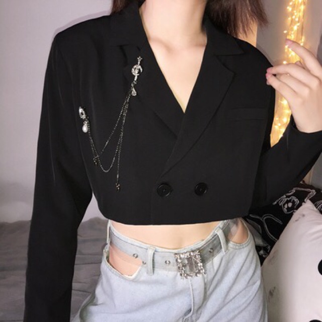 Áo khoác vest croptop kèm cài áo xám/đen