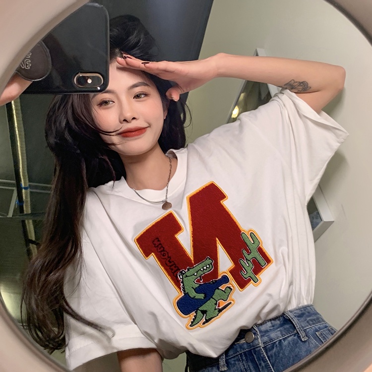 Áo Thun Tay Ngắn Cổ Tròn Thêu Họa Tiết Thời Trang Hàn Quốc Cho Nữ