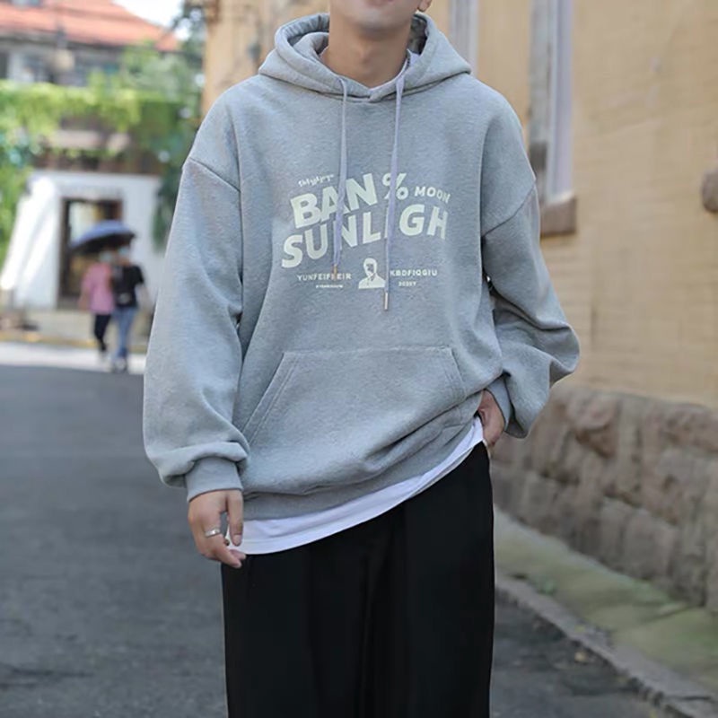 ✦ AFFLIGA ✦Áo hoodie tay dài dáng rộng màu trơn in chữ phong cách Hàn Quốc thời trang cho nam size m-2xl
