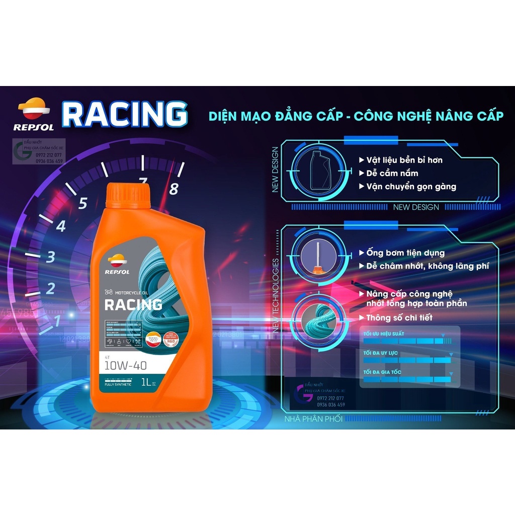 Dầu nhớt Repsol 10W-40 Racing bốc máy, êm ái cho xe côn tay và PKL