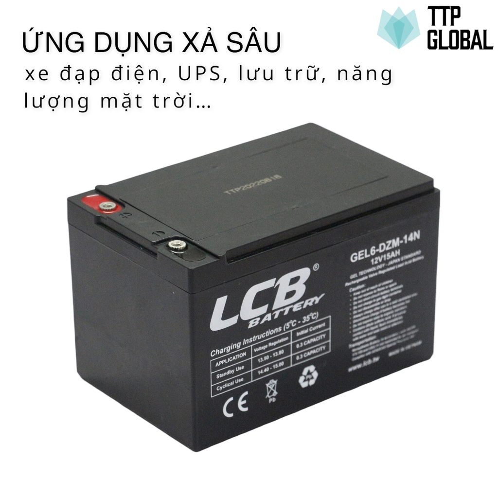 Ắc quy xe đạp điện 12V 15Ah thương hiệu LCB, dùng được cho năng lượng mặt trời, thắp sáng, loa kéo, xả sâu, UPS