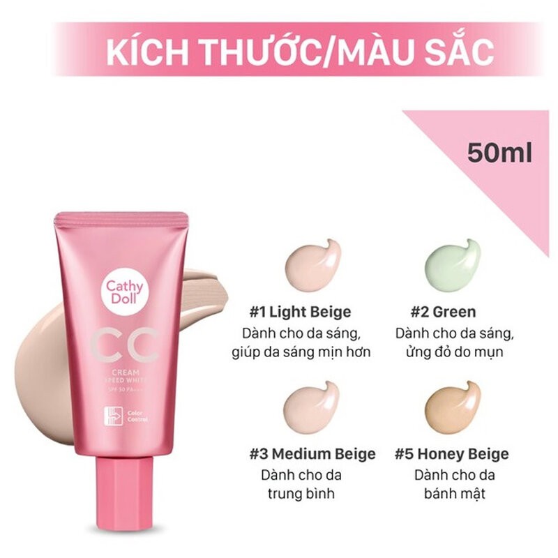 Kem Nền CC Cathy Doll Màu Sáng 01 Light Beige 50g Speed White CC Cream SPF50+/PA+++